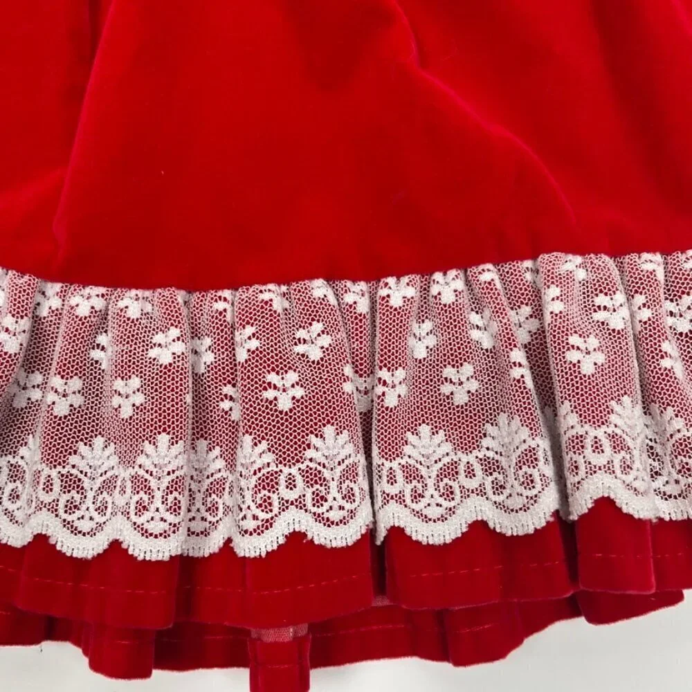 Vintage Toddler 18M Red Velvet and Lace Trim Christmas Dress w/ Bubble Sleeves
